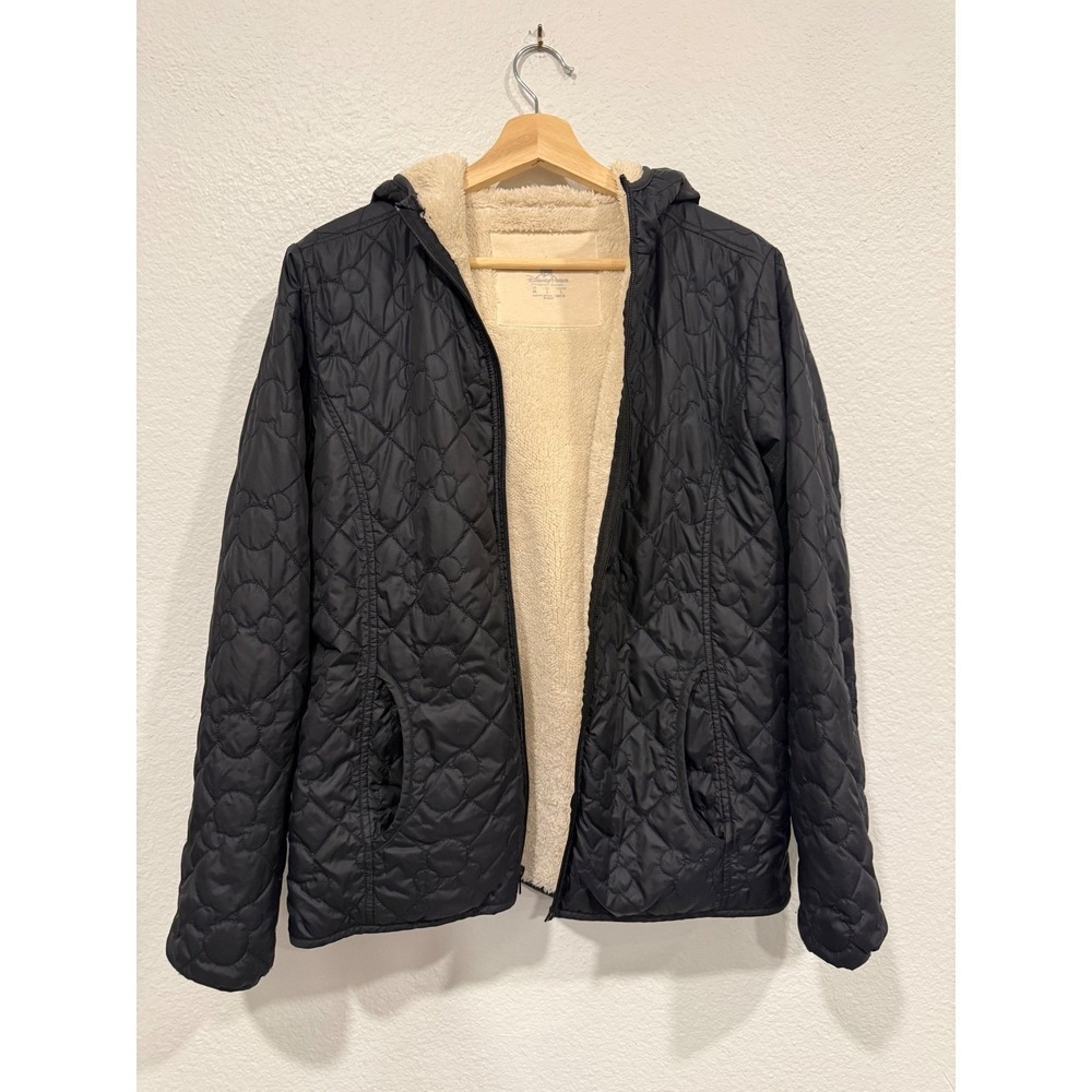Disney Parks Mickey Mouse Quilted Hooded Jacket Black Faux Shearling Lined M